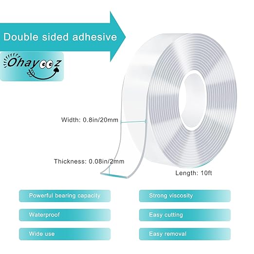 Ohayooz® Extra Strong Double Sided Tape Heavy Duty Removable 10FT, Clear Sticky Adhesive Nano Tape Tough Washable Waterproof Mounting Tape for Hanging Picture, Poster, Carpet, Photo Deco