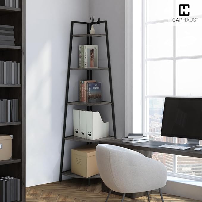 CAPHAUS Tall Corner Shelf Stand, 4-Tier Display Shelves, Ladder Corner Wood Storage Plant Bookshelf with Metal Frame, Versatile Shelving Unit Bookcase for Home Office Space, Dark Grey