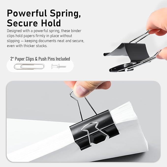 WORPSON 408 PCS Binder Clips Paper Clamps Assorted Sizes and Push Pins, Binding Paperwork Clamp Bulk, School Teachers Office Supplies (Black)