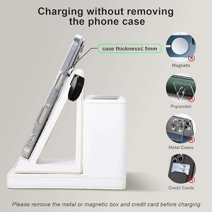 LADSTAG Leather Desk accessories Pen Holder with 3-in-1 Wireless Charger for Phone, Earbuds, Watch Multifunctional Desktop Phone Stand for Office and Home,birthday gifts,gifts for him (white)