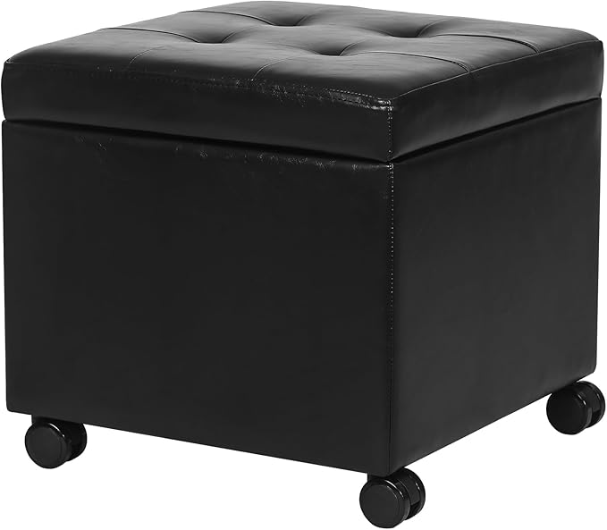 Adeco Modern Leather Ottoman with Wheels, 18.8" Black Square Rolling Ottoman with Storage, Upholstered Button Tufted Vanity Stool with Hinged Lid for Living Room, Bedroom, Dorm