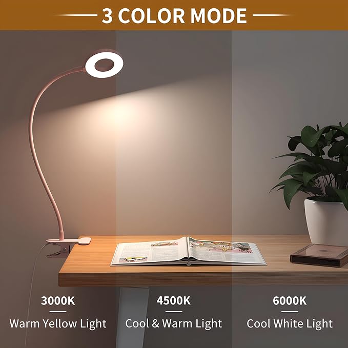 iZELL Desk Lamp, [3 Color Modes & 10 Brightness] LED Reading Light with Clamp, Silicone Flexible Arm Book Light for Kids Reading Book in Bed at Night Clip on Table, Headboard, Dorm - 15.8‘’ Pink