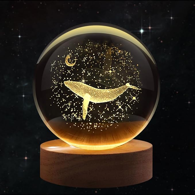 C&M 3D Whale Crystal Ball Night Light,WhaleFigurine Lamp,Decorative Glass Sphere Ball Paperweight Crystal Sea Animal Decorations for Home (Whale)