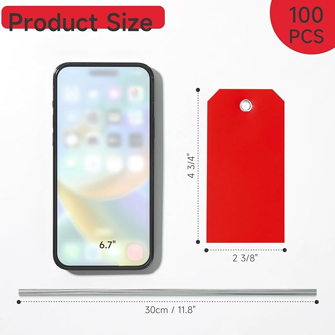 100 Pcs Red Tags with String Blank Shipping Tags with Metal Wire Writable Price Repair Plastic Service for Equipment Product Jewelry Clothing Inventory Car Parts (Red, 4 3/4" x 2 3/8")