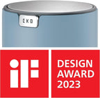 EKO Mini Desk Trash Can with Swing-Top Lid 0.4 Gallon Small Table Round Wastebasket for Office, Home, Car (Blue)