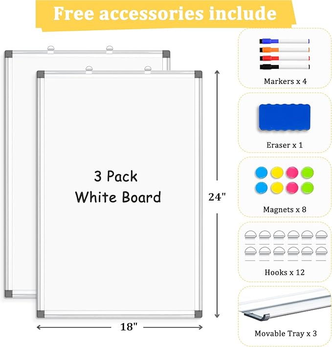 AMUSIGHT 3 Pack Double-Sided Magnetic Whiteboard, 24" x 18" Dry Erase Board, Aluminum Frame White Board for Wall, Hanging Mounting White Board Dry Erase Marker Board for Office, School, Home