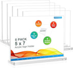 BlueValley Acrylic Sign Holder 7x5 - Double Sided Sign Stand Clear Paper Display Holder for Menu, Flyer, Document or Picture | Desktop Plastic Frame for Office, Store, Restaurant, Show Fair - 6 Pack