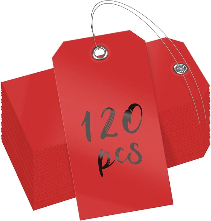 Uniclife 120 Pcs Red Plastic Tags for Labeling 4.7"x 2.36" Plastic Shipping Tag with Wire Writable Waterproof Tag Price Tags with Reinforced Eyelet Blank Hang Label for Luggage