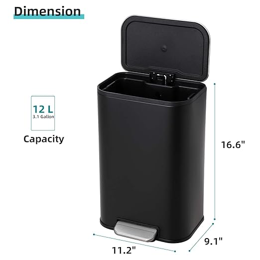DYTesa 3 Gallon Rectangular Kitchen Trash Can - Black Stainless Steel with Foot Pedal, Soft-Close Lid & Removable Inner Bucket, Suitable for Home/Office/Living Room
