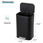 DYTesa 3 Gallon Rectangular Kitchen Trash Can - Black Stainless Steel with Foot Pedal, Soft-Close Lid & Removable Inner Bucket, Suitable for Home/Office/Living Room