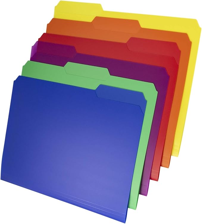 Dunwell Plastic Colored File Folders (24 Pack), Colorful 1/3 Tab Filing Folders for Letter Size Documents, Manila Sleeves 8.5 x 11, Acid-Free Poly for Long Term Storage, Includes Labels