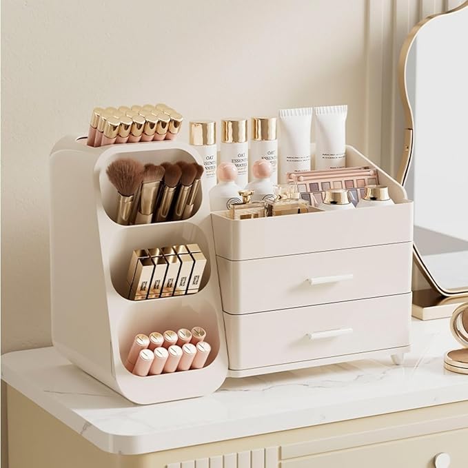 KQJS Makeup Organizer with Drawers,Large Capacity Countertop Organizer for Vanity,Bathroom and Bedroom Desk Cosmetics Organizer,Easy To Storage Skincare,Brushes,Lotions,Lipstick (All Cream)