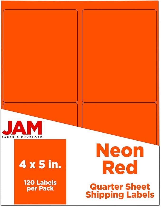 JAM PAPER Shipping Address Labels - 4 x 5 - Quarter Page/Extra Large - Assorted Bright Neon Colors - 360/Pack