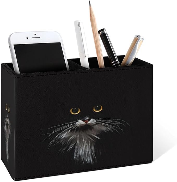 Famame 3D Cute Black Cat Pencil Holder for Desk, Leather Desktop Container Pen Cup Storage Study Table Pen Organizer Makeup Brush Holder for Classroom Office Home