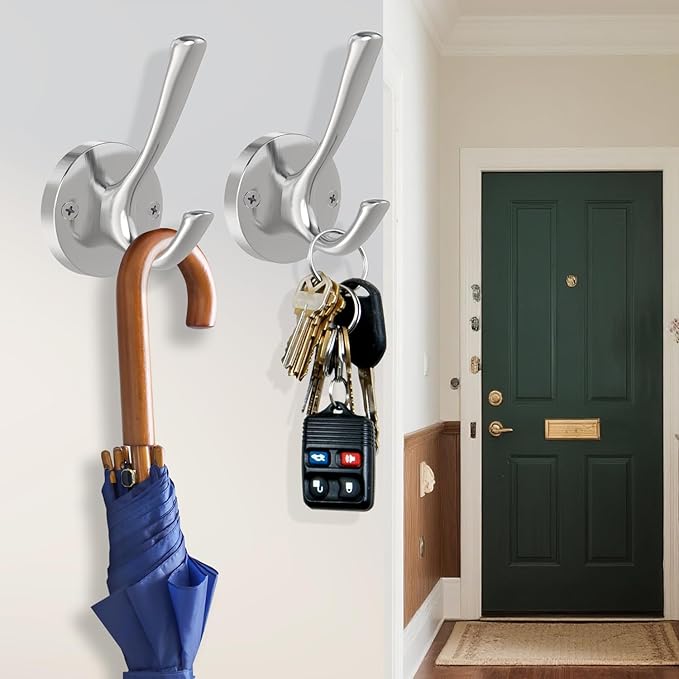 TOFIIGREM Brushed Nickel Wall Hooks Towel Hooks, 2 Pack Coat Robe Hook Heavy Duty Bathroom Double Hook Wall Mounted, Hand Towel Hooks for Closet Entryway Cubicle Kitchen