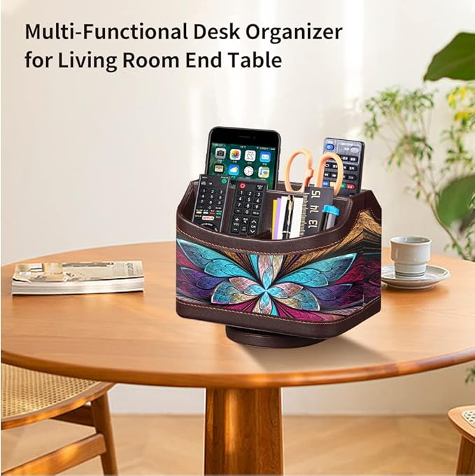 PUSU 360°Rotatable Remote Control Holder, PU Leather TV Remote Holder Caddy for Table, Bright and Colorful Art Supply Organizer Pen Holder, Multi-Functional Desk Organizer Living Room Office Decor