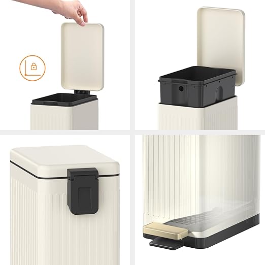 Mbillion Bathroom Trash Can with Lid-Stainless Steel Step Slim Garbage Can-Metal Wastebasket-10L/2.6 Gallon Rectangle Pedal Trash Bin for Narrow Office, Kitchen, Bedroom, Toilet-Soft Close, White