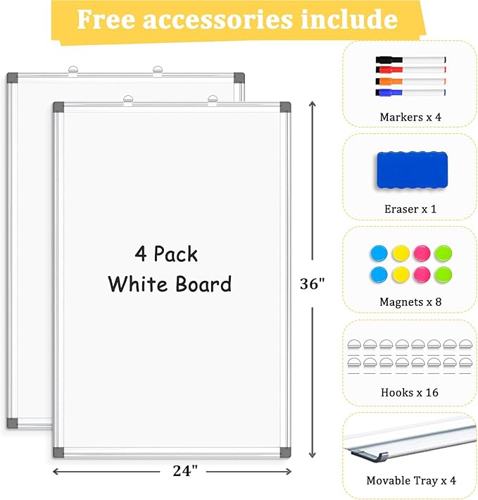 AMUSIGHT 4 Pack Double-Sided Magnetic Whiteboard, 36" x 24" Dry Erase Board, Aluminum Frame White Board for Wall, Hanging Mounting White Board Dry Erase Marker Board for Office, School, Home