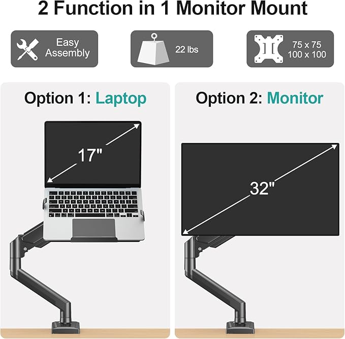 MOUNT PRO Laptop Arm Mount for Desk, 2 in 1 Function Monitor Laptop Stand, Fits Max 17" Notebook and 32" Computer Screen, Aluminum Single Monitor Holder with Adjustable Tray, Holds up to 22lbs