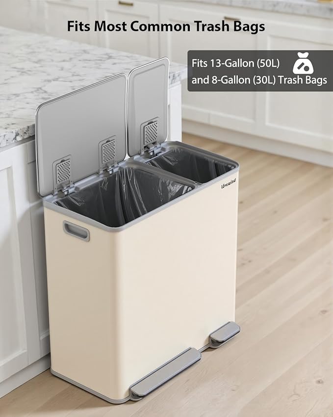 Lovewind Dual Trash Can, 14 + 6 Gallon Garbage Can for Kitchen Dual Compartment Recycling Kitchen Step Trash Bin, Stainless Steel Trash and Recycle Bin Combo with Soft-Close Lid, Apricot