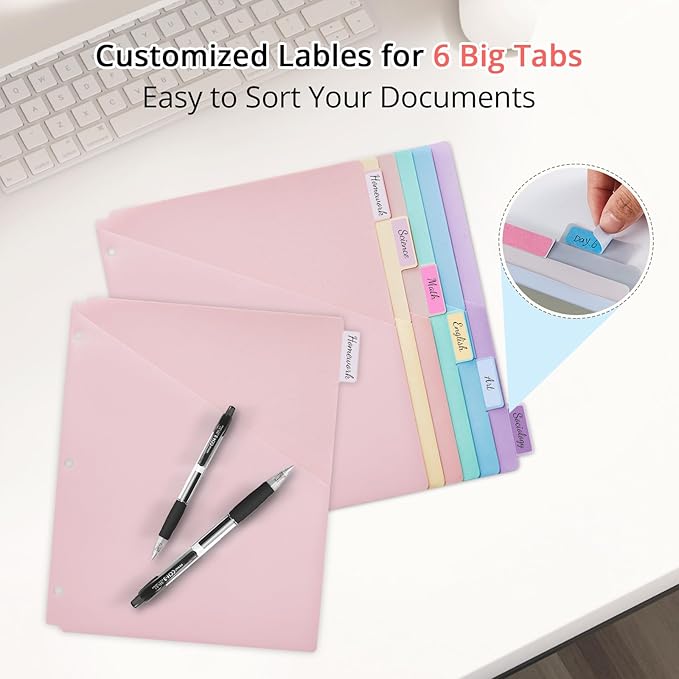 Bundle 10 Packs 6-Tab Letter Size Dividers for 3 Ring Binder, 60 Counts Wheat Straw Binder Dividers with One Pocket, 6 Pastel Colors, Perfect for School, Office Supplies (10)