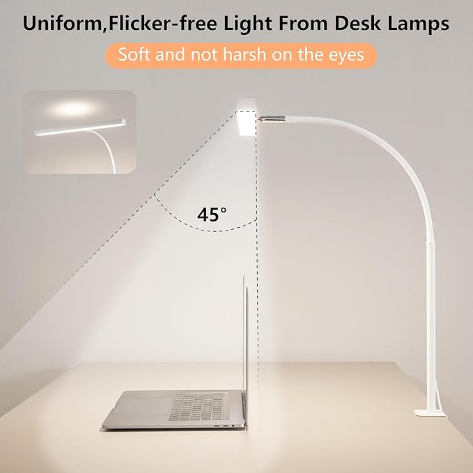FAPEMIH LED Desk Lamp for Office Home, Adjustable Flexible Eye-Caring Desk Light with,5 Modes 10 Brightness Adjustment, USB Adapter Desk Lamp with Clamp-T-W