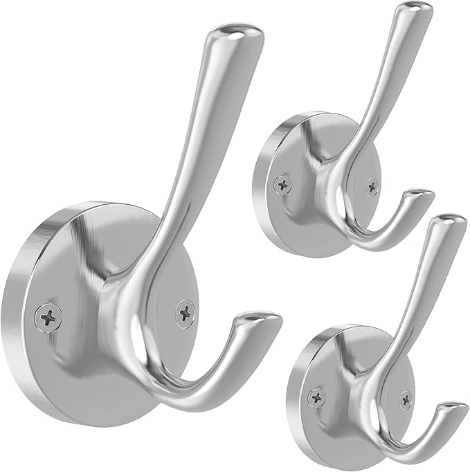 TOFIIGREM Brushed Nickel Robe Hooks Towel Hooks, 3 Pack Coat Hook Heavy Duty Mudroom Hook Double Bathrobe Hook Wall Mounted, Hat Hooks for Entryway Bathroom Kitchen Closet