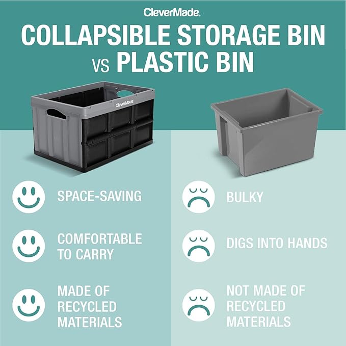 CleverMade Collapsible Storage Bins - Ocean 3 Pack 46L / 12 Gal holds 66 lbs - Stackable Containers Heavy Duty Capacity Crates Space-Saving