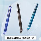 WRITECH Clictek Fountain Pen Retractable: Medium Nib Blue Ink Transparent Barrel Includes 5 Refillable Ink Cartridges, Smooth Writing No Leaking