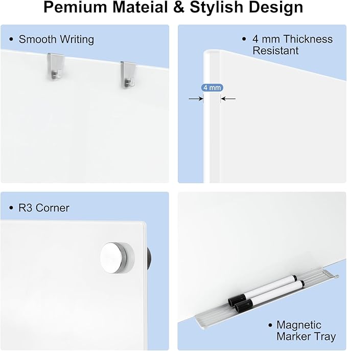 Large Glass Whiteboard, 72 x 48 Inches Magnetic Glass Dry Erase Board for Wall, 6' x 4' Brilliance White Board for Office, Home, School