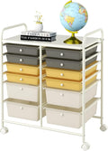 Happygrill 12-Drawer Rolling Storage Cart, Multipurpose Storage Cart W/Lockable Wheels, 2 Sizes Plastic Drawers & Metal Shelf, Mobile Utility Cart for Home Office School