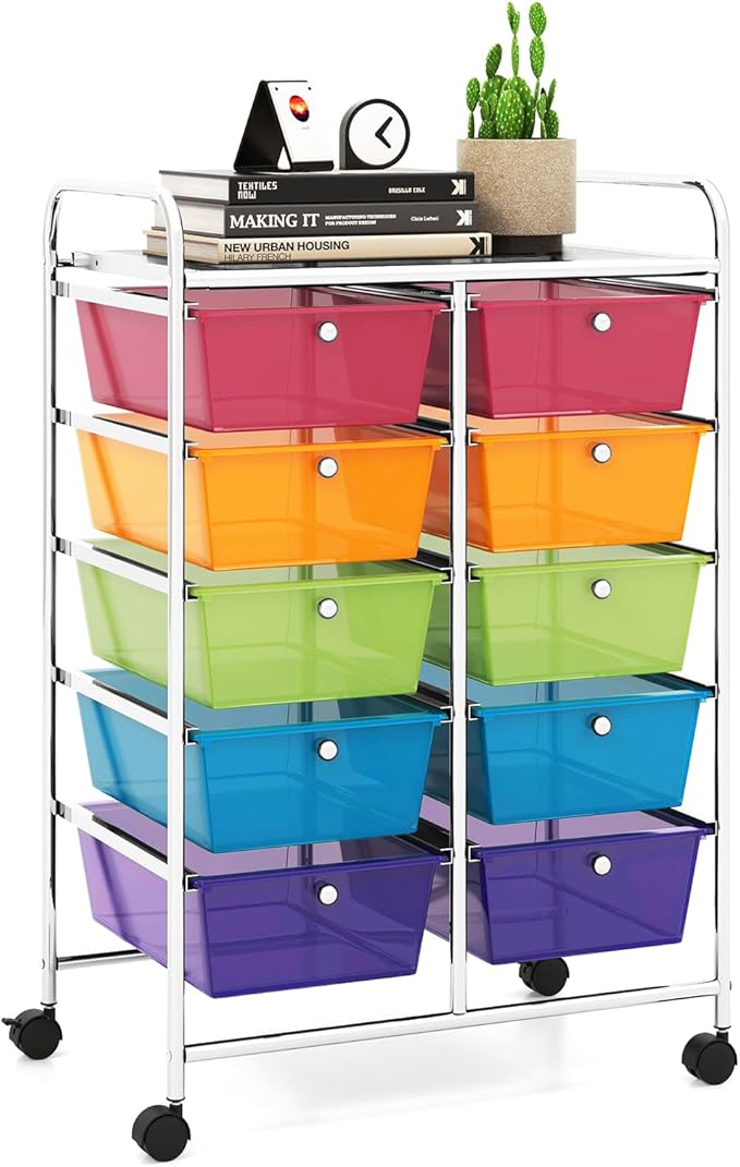 LDAILY 10 Drawer Rolling Cart, Storage Cart Organizer on Wheels, Drawer Cart with Metal Frame & Large Storage Capacity, Rolling Cart with Drawers for Living Room Classroom, Office