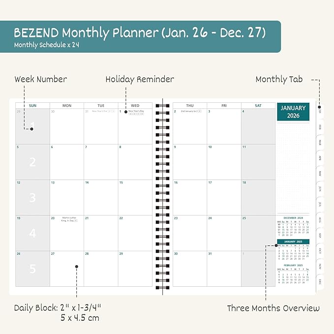 BEZEND Monthly Planner 2026-2027 (Spiral-8.5" x 11") 2 Year Calendar Book with Note Pages - Jan 26 to Dec 27-120 GSM Paper, Inner Pockets, Laminated Tabs, Vegan Leather Softcover - Red