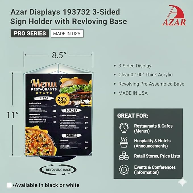Azar Displays 193732 8.5" W x 11" H 3-Sided Sign Holder with Revolving Base