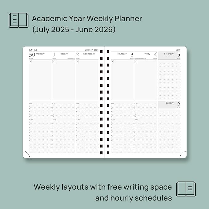 POPRUN Academic Planner 2025-2026 (July 2025-June 2026), Daily Weekly and Monthly Appointment Book (Wirebound Hard Cover - 6.25'' x 8.5'') with Hourly Time Slots, Tabs, 100 GSM - Burgundy