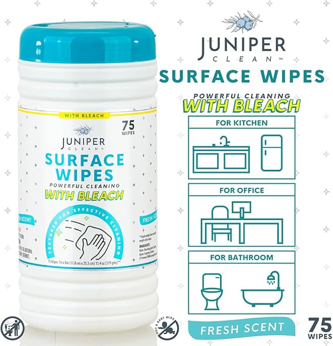Juniper CLEAN 4 Pack Surface Cleaning Wipes with Bleach, All-Purpose Cleaner for Bathroom, Kitchen, Office, 300 Count Canister, 7.5" x 7" Sheet, Fresh Scent, Lint Free & Durable