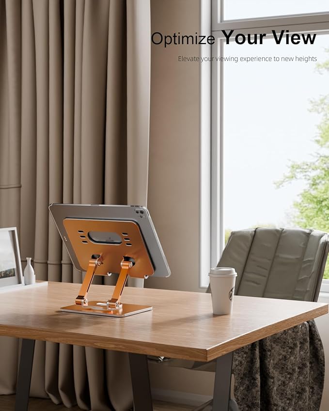 Tablet Stand Holder with Thickened 360°Rotating Base Dual Rod Adjustable Aluminum Stand for All 5.8-12.9” iPad Samsung Phone Tablet Kindle E-Reader and More, Gold