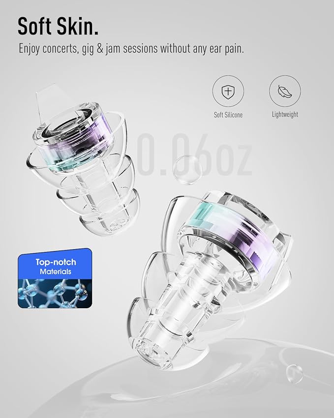 Hearprotek Concert Ear Plugs, 2 Pairs Reusable High Fidelity Musician Ear Plugs, Purple, Silicone, Earplugs, Earplug, Noise Protection