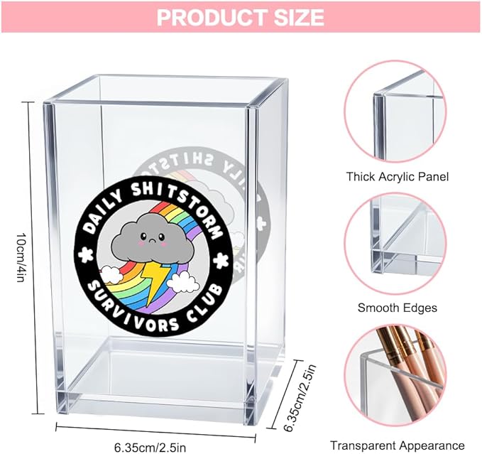 Vgrti Daily Sh!tstorm Survivors Club Acrylic Cosmetic Pencil Pen Holder Cup, Funny Rainbow Storm Cloud Desk Organizer Accessory for Home Office Decor, Humor Sarcastic Work Gifts for Women Men Coworker