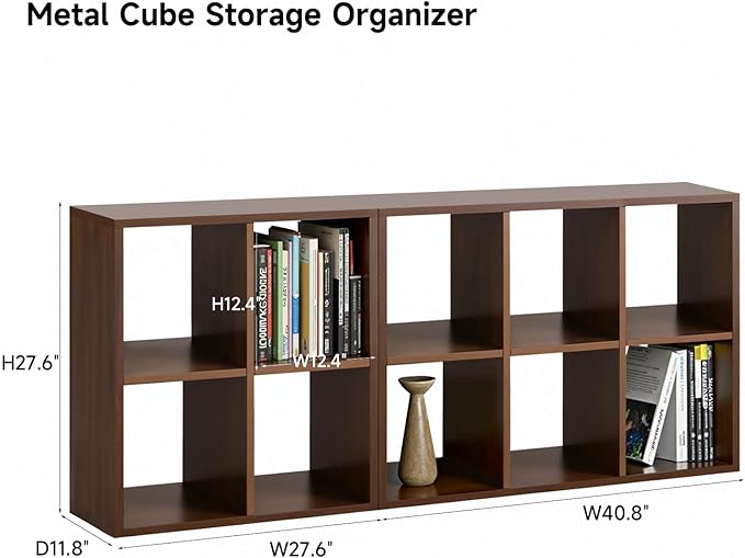 IRONMIX Metal Cube Storage Organizer, Short Bookshelf with Storage, 2 Tier Horizontal Bookshelf Cube Shelf, Small TV Stand Storage Cabinet for Classroom Home Office Library (Dark Wooden, 700+1037)