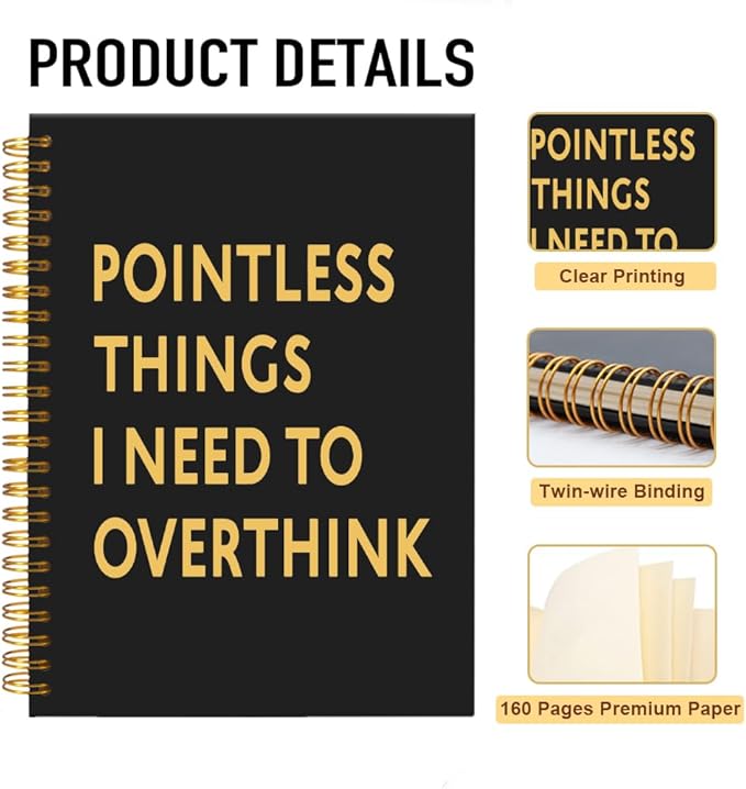 Mhfpl Pointless Things I Need to Overthink Black Golden Spiral Blank Notebook, Funny Saying Gifts for Staff Employee Manger, Humor Gifts for Colleagues, Birthday Thank You Gifts for Teammate Coworker