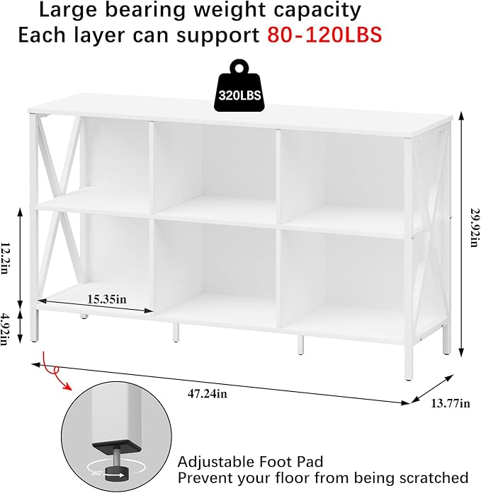 Adompacat Horizontal Bookshelf Bookcase,6 Cube Storage Organizer with Open Shelf,47 Inch Industrial Low Wide Wood and Metal Cubby Shelf,Long Shelving Unit for Home Office Living Room(White,6 Cube)