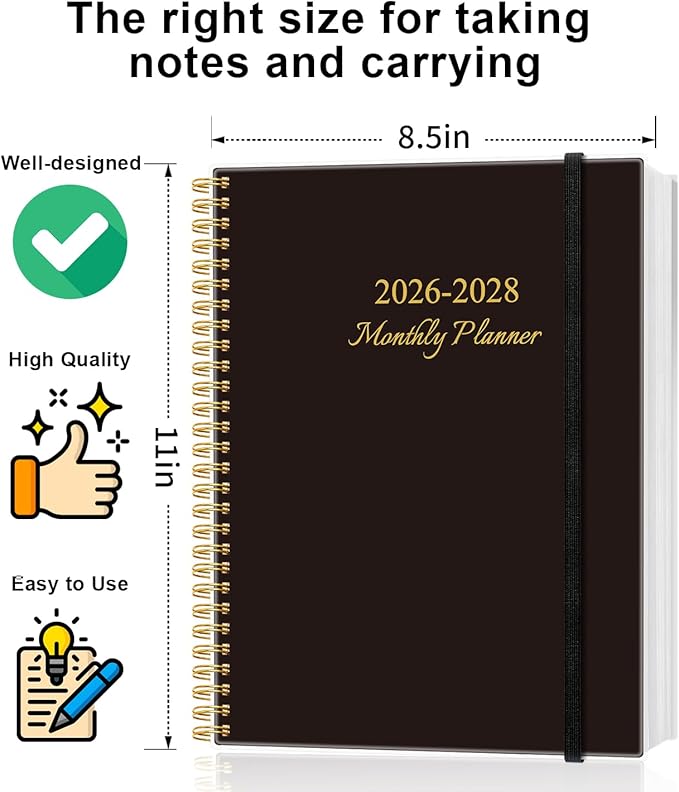 2026-2028 Monthly Planner, Three Years Calendar from January 2026 - December 2028 with Spiral Binding, Inner Pocket, Elastic Closure, 38 Month Planner for Home | School | Office, 8.5" x 11", Black