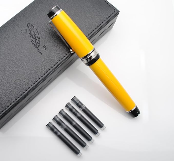xixixiaozhu Metal Big Fountain Pen Set Medium Nib 0.7mm, Includes Ink Refill Converter, 5 Ink Cartridges & Gift Box (Medium Nib 0.7mm, Yellow with Silvery Clip)