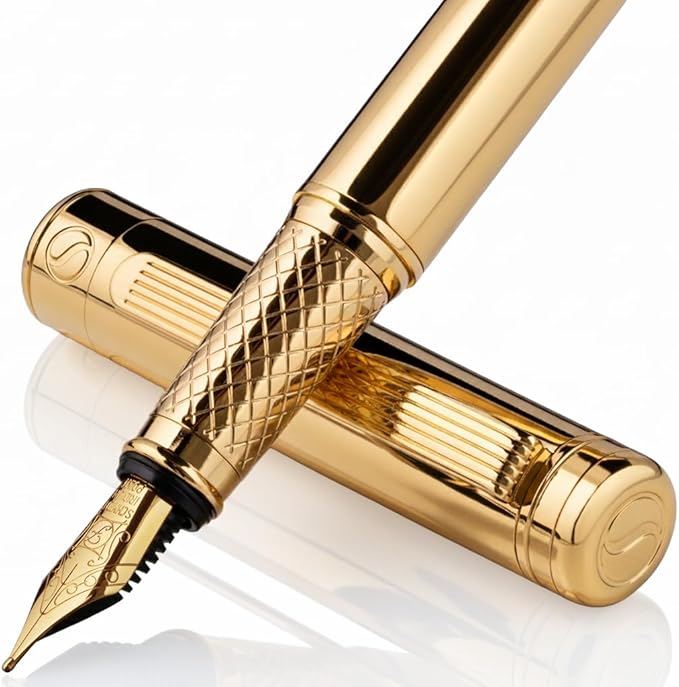 Scriveiner Luxury Fountain Pen - Stunning Luxury Pen, Real Gold Finish, Schmidt Gilded Nib (Fine), Converter, Best Pen Gift Set for Men & Women, Professional, Executive, Office, Nice Pens