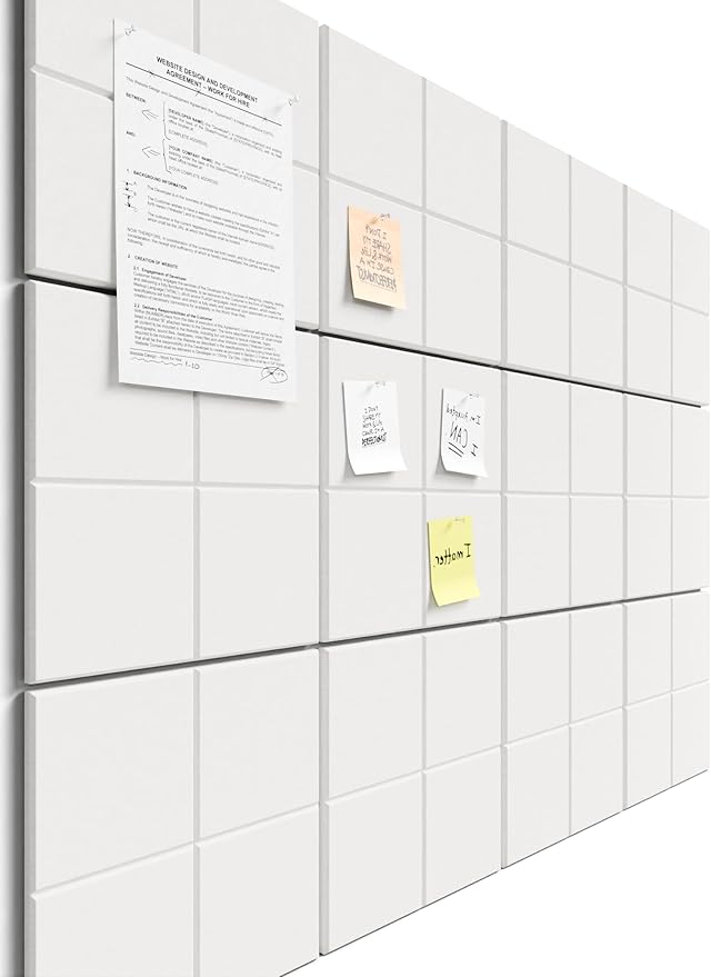 Bumusty Large Cork Board Alternative-47 x35 Felt Bulletin Board Tiles, with 30 Pushpins, 70 Adhesive Tabs, 12-Pack Slat Wall Paneling, Cork Boards for Office Push Pin Board Felt Board-Milky White