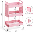 KINGRACK 3 Tier Rolling Cart with DIY Hanging Board, Metal Rolling Utility Cart with Wheels Handles Baskets Hooks, Rolling Storage Cart Suitable for Bathroom, Kitchen, Office, Nursery Diaper (Pink)