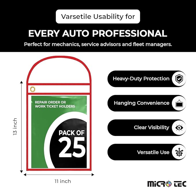 MICRO TEC Repair Order/Work Ticket Holders – Heavy-Duty Vinyl Sleeves with Red Handle – 11" x 13" for Automotive Repair Orders, Job Tickets, Documents – Pack of 125 – Clear w/Red Handle