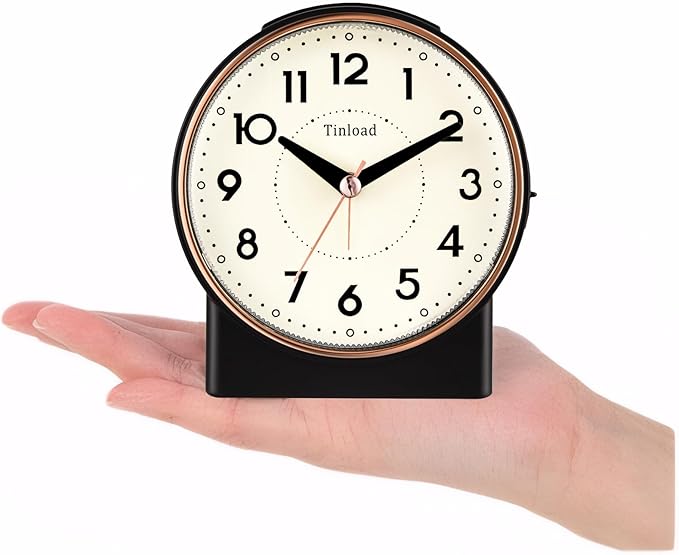 Tinload 4.3" Retro Analog Alarm Clock, Vintage Decor, No Ticking Silent, Easy to Set, Gradual Rise Alarm, On/Off Switch on Side, Gentle Wake, Snooze, Lighted on Demand, Battery Operated, Retro Black