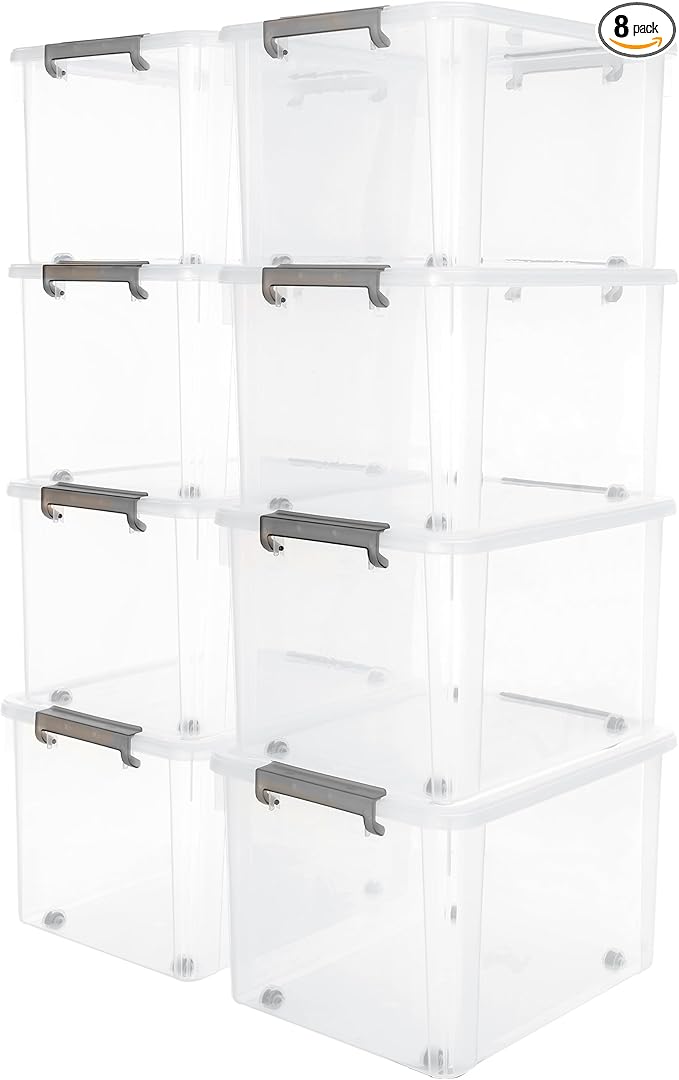 Citylife 58.1 QT Plastic Storage Bins with Latching Lids Stackable Storage Containers for Organizing Large Clear Storage Box for Garage, Closet, Kitchen, 8 Packs